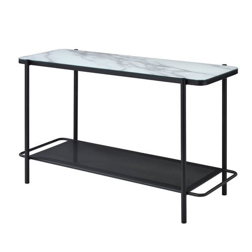Left angled modern industrial black steel console table with tempered white marble glass top, perforated open metal shelf, and slim legs on a white background.