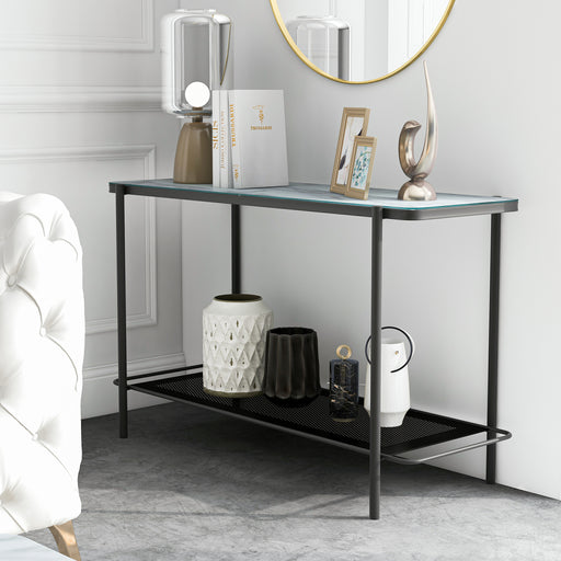 Left angled modern industrial black steel console table with tempered white marble glass top, perforated open metal shelf, and slim legs decorated in a living room.