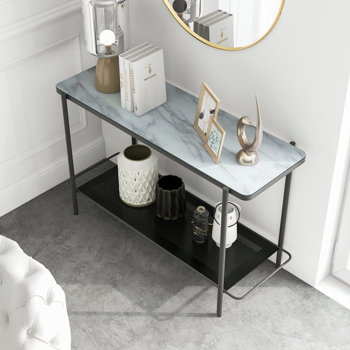 Left angled top-down modern industrial black steel console table with tempered white marble glass top, perforated open metal shelf, and slim legs under mirror against a wall.