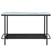Front-facing modern industrial black steel console table with tempered white marble glass top, perforated open metal shelf, and slim legs on a white background.