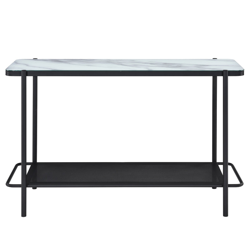 Front-facing modern industrial black steel console table with tempered white marble glass top, perforated open metal shelf, and slim legs on a white background.