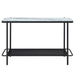 Front-facing modern industrial black steel console table with tempered white marble glass top, perforated open metal shelf, and slim legs on a white background.