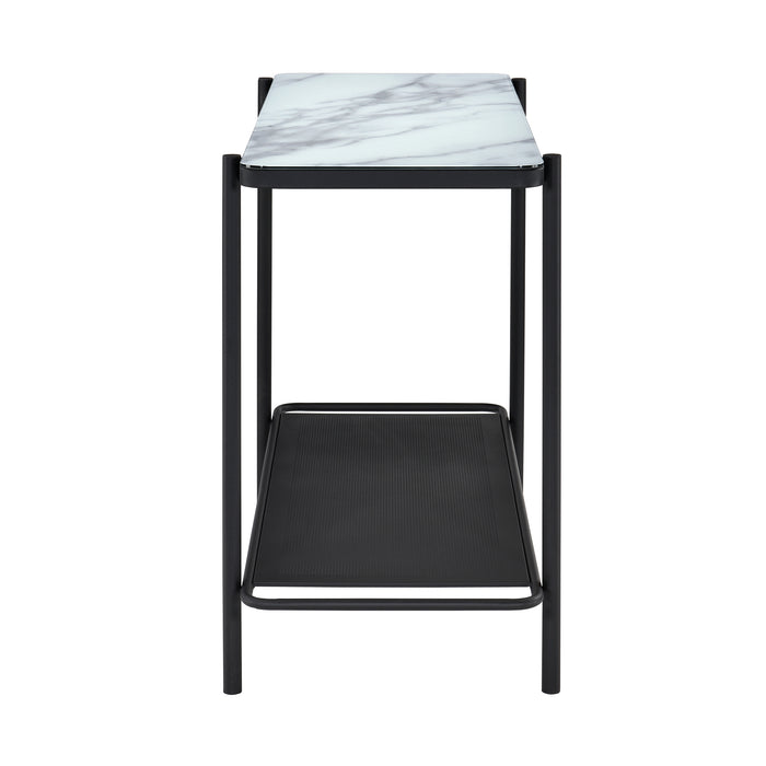 Side-facing modern industrial black steel console table with tempered white marble glass top, perforated open metal shelf, and slim legs on a white background.