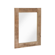 Angled view of natural finish mango wood framed rectangular decorative mirror on white background