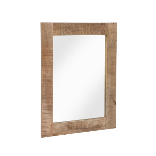 Angled view of natural finish mango wood framed rectangular decorative mirror on white background