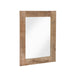 Angled view of natural finish mango wood framed rectangular decorative mirror on white background