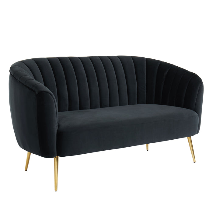 Right-angled modern glam shell tufted loveseat with black upholstery and gold finish legs on a white background