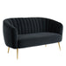 Right-angled modern glam shell tufted loveseat with black upholstery and gold finish legs on a white background