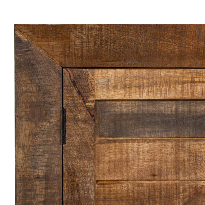 Front-facing close up modern farmhouse rustic wood storage cabinet upper corner door detail