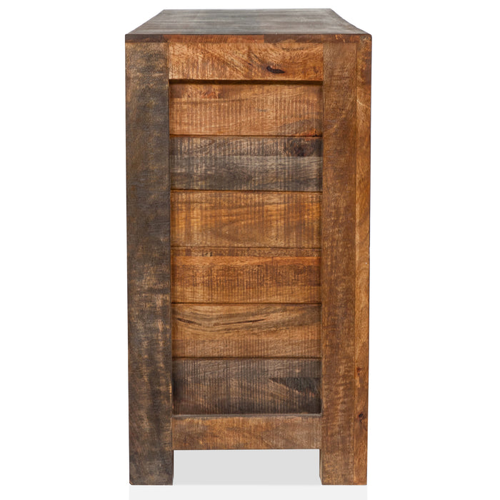 Front-facing modern farmhouse rustic wood storage cabinet side view plank detail on a white background