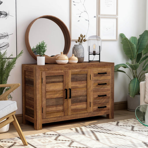 Right-angled modern farmhouse rustic wood storage cabinet with one cabinet and four drawers in a contemporary living space with accessories