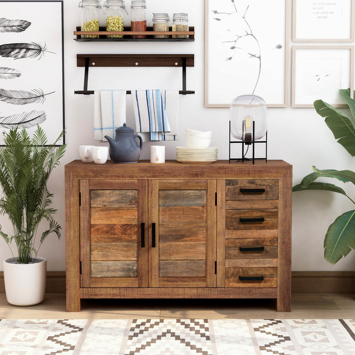 Front-facing modern farmhouse rustic wood storage cabinet with one cabinet and four drawers in a contemporary dining space with accessories