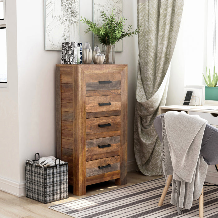 Right angled rustic natural mango wood five-drawer accent chest in a living area with accessories