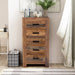 Front facing rustic natural mango wood five-drawer accent chest in a living area with accessories