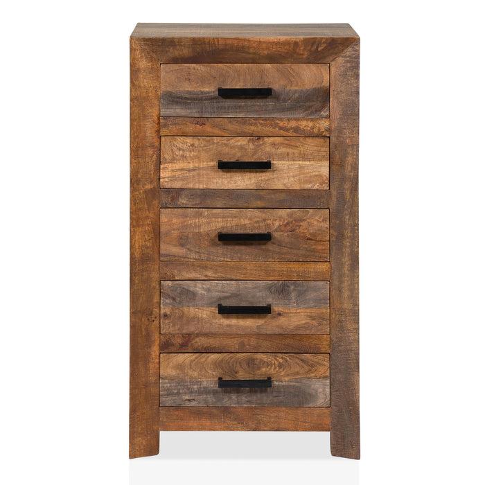 Front facing rustic natural mango wood five-drawer accent chest on a white background