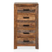 Front facing rustic natural mango wood five-drawer accent chest on a white background
