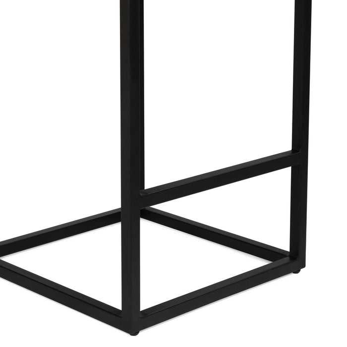Incomplete view of bottom right frame edge of rustic natural tone wood and black steel industrial bar stool on white background
