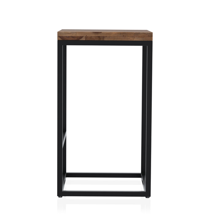 Side-facing view of rustic natural tone wood and black steel industrial bar stool on white background