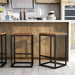Front-facing and angled views of rustic natural tone wood and black steel industrial bar stools in living space with accessories