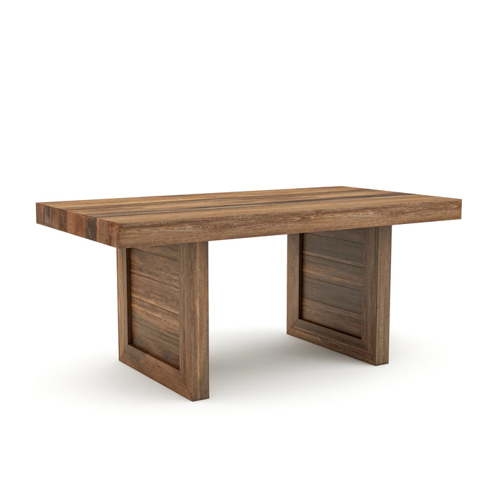 Right-facing modern farmhouse wood grain dining table with plank details on a white background