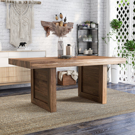 Right-facing modern farmhouse wood grain dining table with plank details in a casual Bohemian space