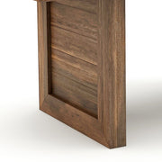 Right-facing close up modern farmhouse wood grain dining table leg plank detail on a white background