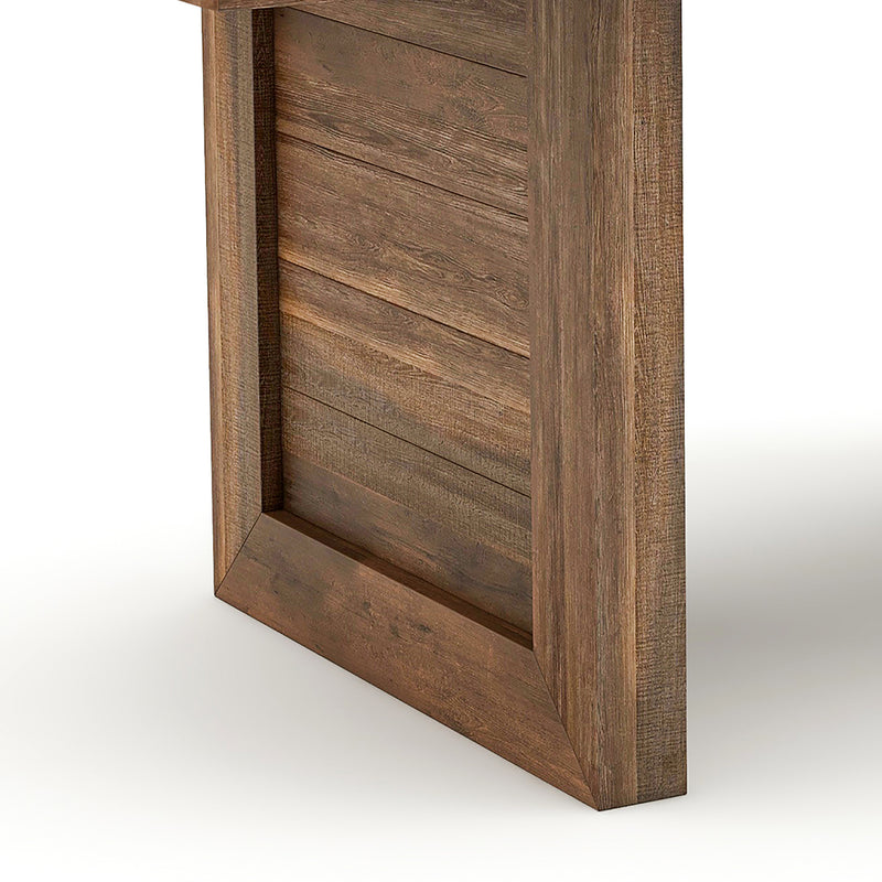 Right-facing close up modern farmhouse wood grain dining table leg plank detail on a white background