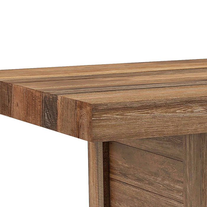 Right-facing close up modern farmhouse wood grain dining table top and leg plank detail on a white background