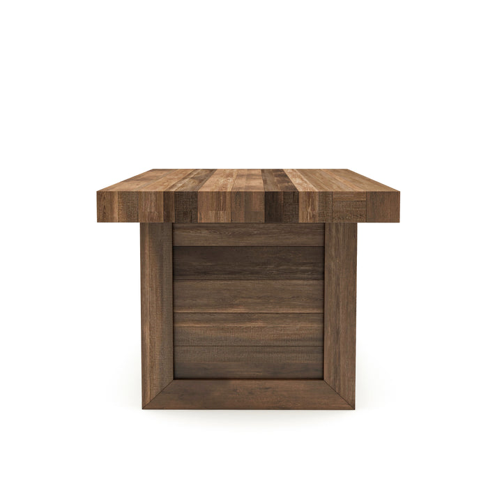 Front-facing side view modern farmhouse wood grain dining table top and leg plank detail on a white background