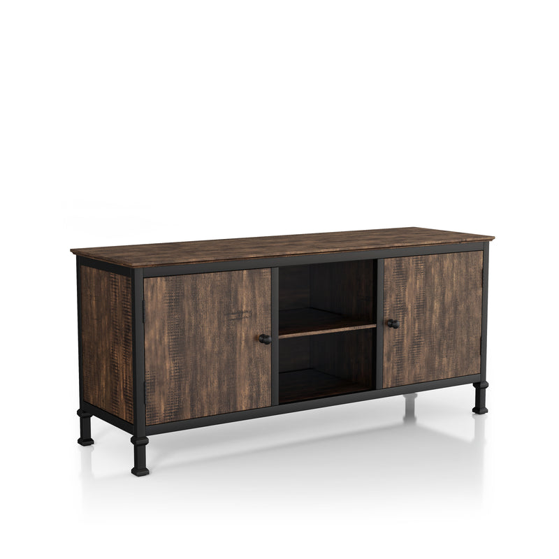 Right-angled modern industrial TV stand in a two-tone finish with two cabinets and two shelves on a white background