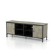 Left-angled modern industrial TV stand in a two-tone finish with two cabinets and four shelves on a white background