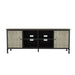 Front-facing modern industrial TV stand in a two-tone finish with two cabinets and four shelves on a white background