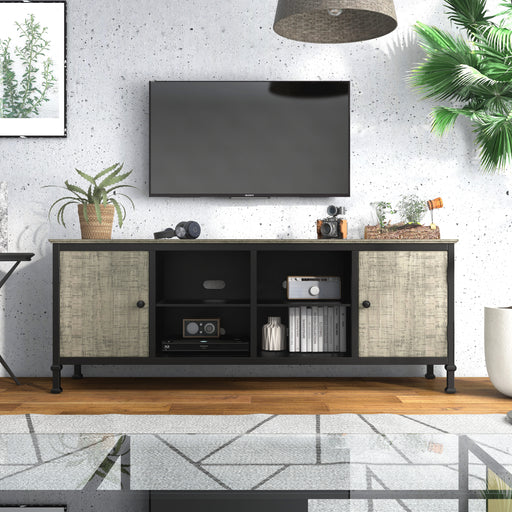 Front-facing modern industrial TV stand in a two-tone finish with two open-door cabinets and four shelves in a living room