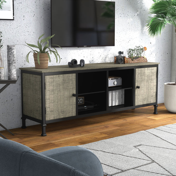 Right-angled modern industrial TV stand in a two-tone finish with two cabinets and four shelves in a living room with a television above and hardwood floors