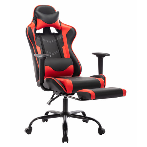 Angled view of contemporary red and black faux leather and metal gaming chair on a white background