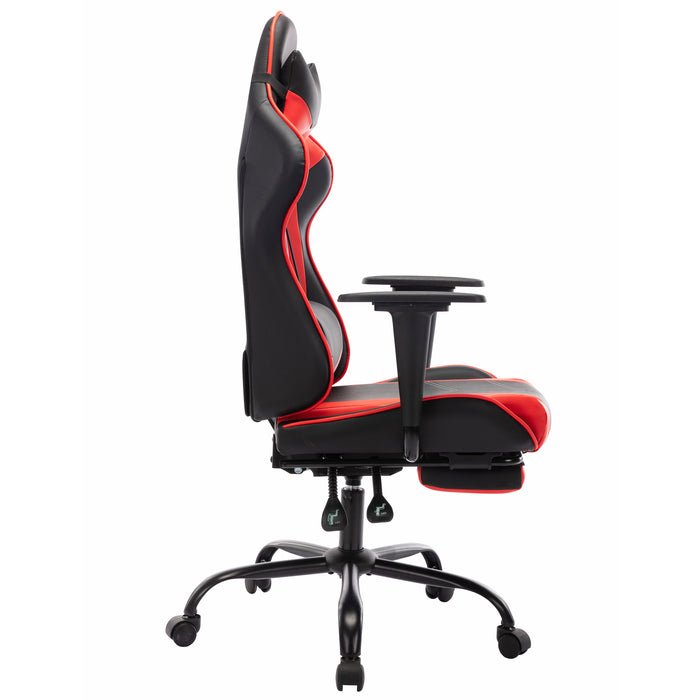 Side-facing view of contemporary red and black faux leather and metal gaming chair on a white background