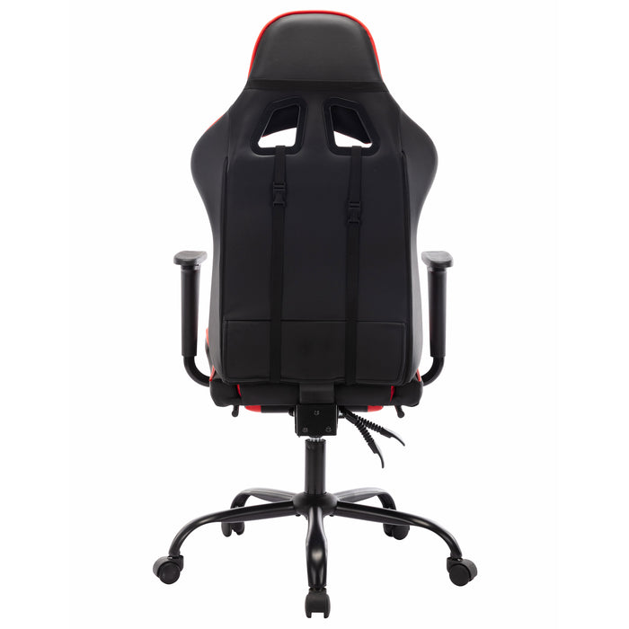 Back-facing view of contemporary red and black faux leather and metal gaming chair on a white background