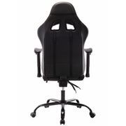 Back-facing view of contemporary red and black faux leather and metal gaming chair on a white background