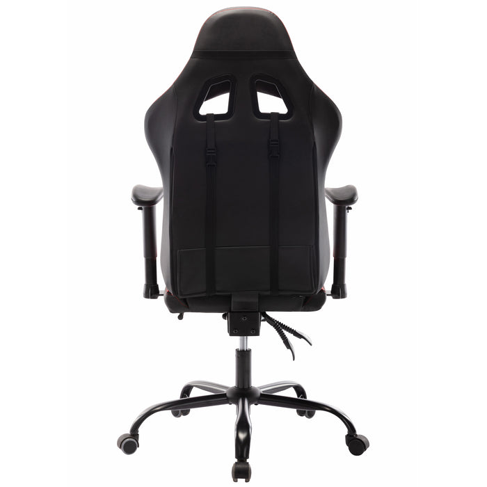 Back-facing view of contemporary red and black faux leather and metal gaming chair on a white background