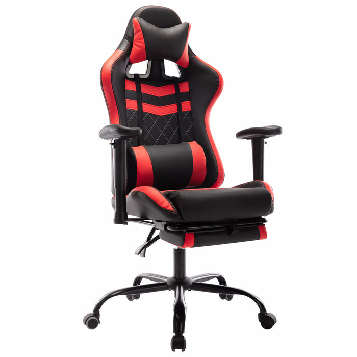 Angled view of contemporary red and black faux leather and metal gaming chair on a white background