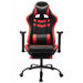 Front-facing view of contemporary red and black faux leather and metal gaming chair on a white background