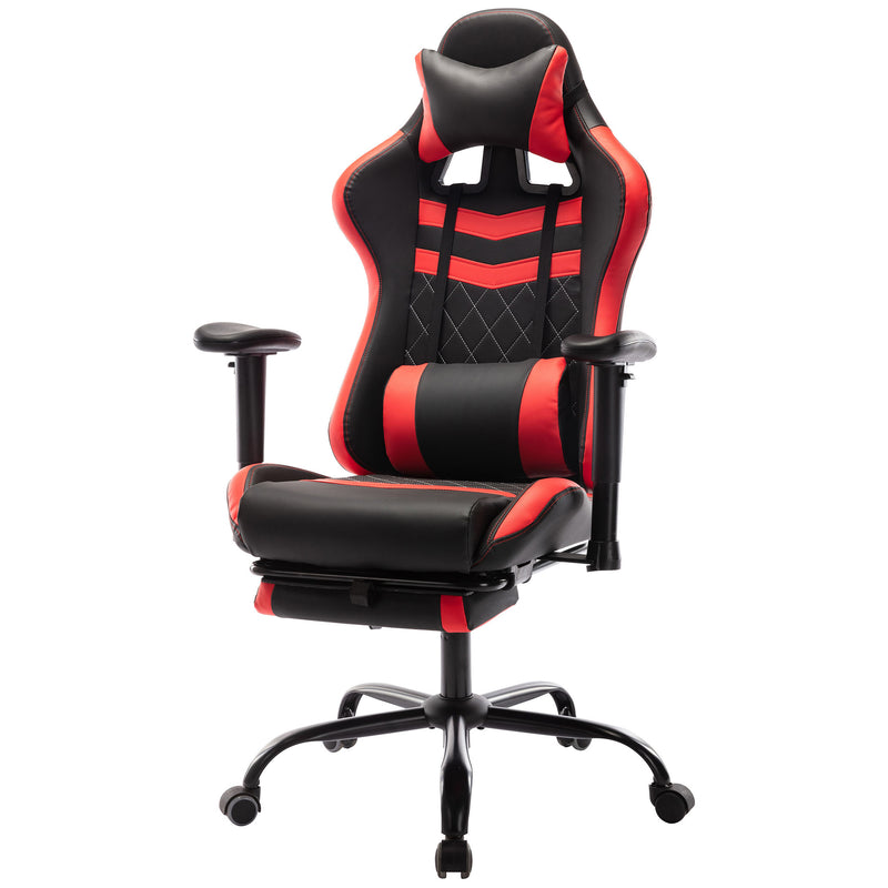 Angled view of contemporary red and black faux leather and metal gaming chair on a white background