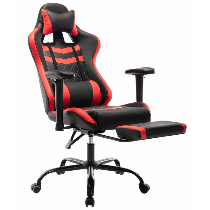 Angled view of contemporary red and black faux leather and metal gaming chair with footrest extended on a white background
