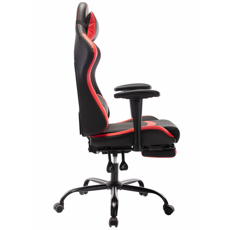 Side-facing view of contemporary red and black faux leather and metal gaming chair on a white background