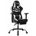 Angled view of contemporary white and black faux leather and metal gaming chair on a white background