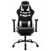 Front-facing view of contemporary white and black faux leather and metal gaming chair on white background