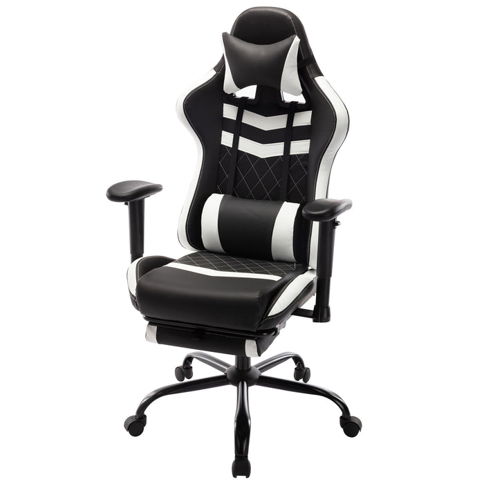Angled, slightly elevated view of contemporary white and black faux leather and metal gaming chair on a white background