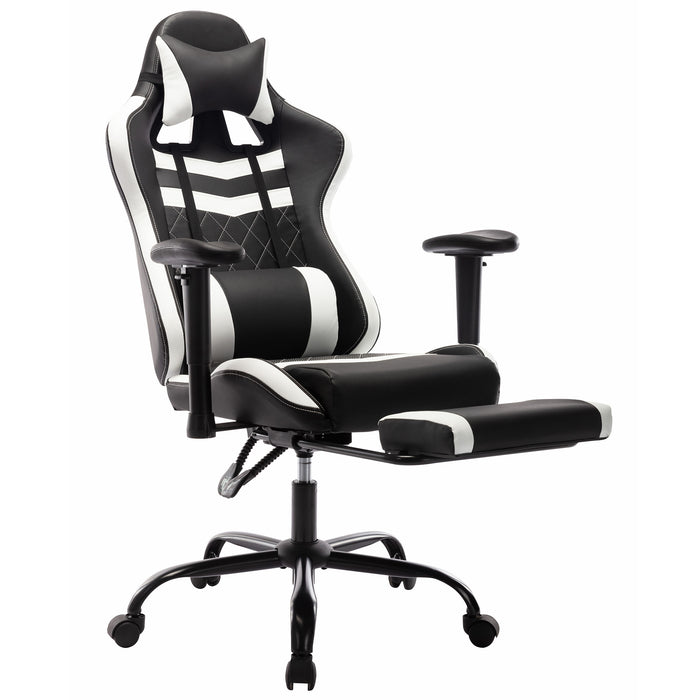 Angled view of contemporary white and black faux leather and metal gaming chair with footrest extended on a white background