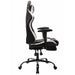 Side-facing view of contemporary white and black faux leather and metal gaming chair on a white background