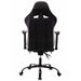 Back-facing view of contemporary white and black faux leather and metal gaming chair on a white background